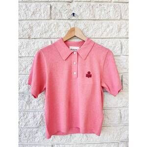 NEW ISABEL MARANT women's althea collared short sleeve sweater in bubblegum/gran